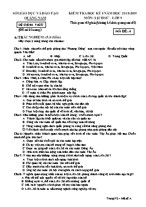 Đề kiểm tra học kỳ 1 môn Lịch sử Lớp 9 - Mã đề A - Năm học 2018-2019 - Sở giáo dục và đào tạo Quảng Nam